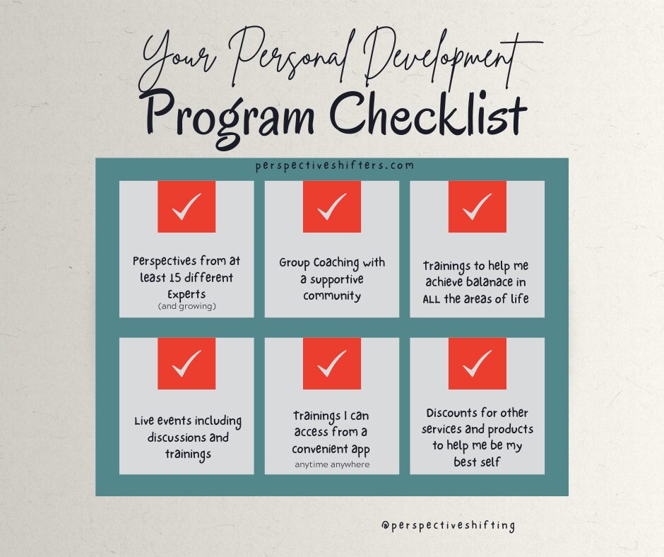 Personal development program checklist with six items: expert perspectives, group coaching, balance training, live events, flexible training, and discounts. All items are ticked off, indicating completion.