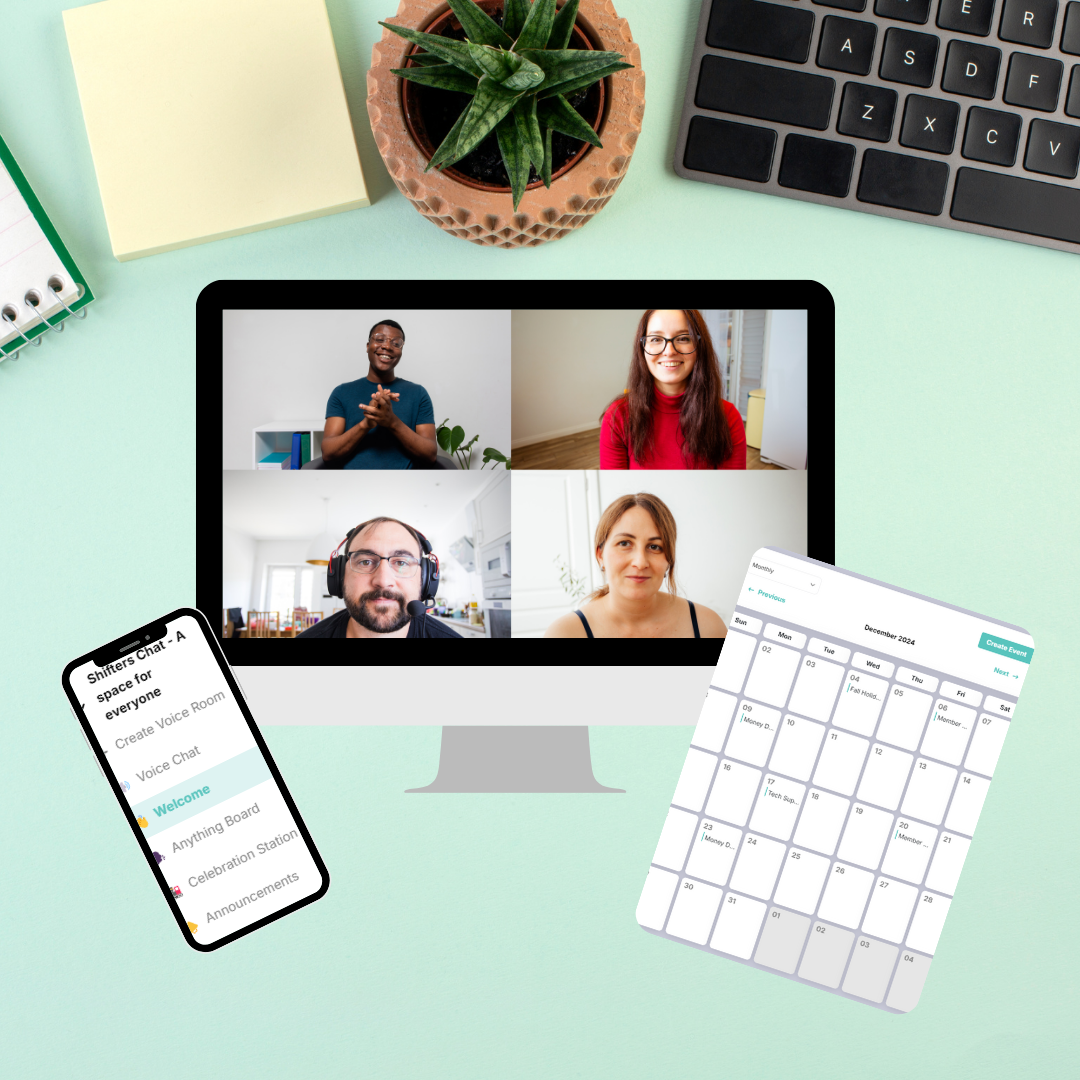 A computer screen shows a video call with four participants. Nearby are a smartphone displaying an app that allows you to connect and chat with others, a calendar with events to foster growth and connection, a keyboard, a potted plant, and a stack of sticky notes on a light green desk.