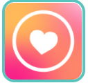 Icon of a white heart inside a white circle. The background is a gradient of pink, orange, and yellow with a teal border.